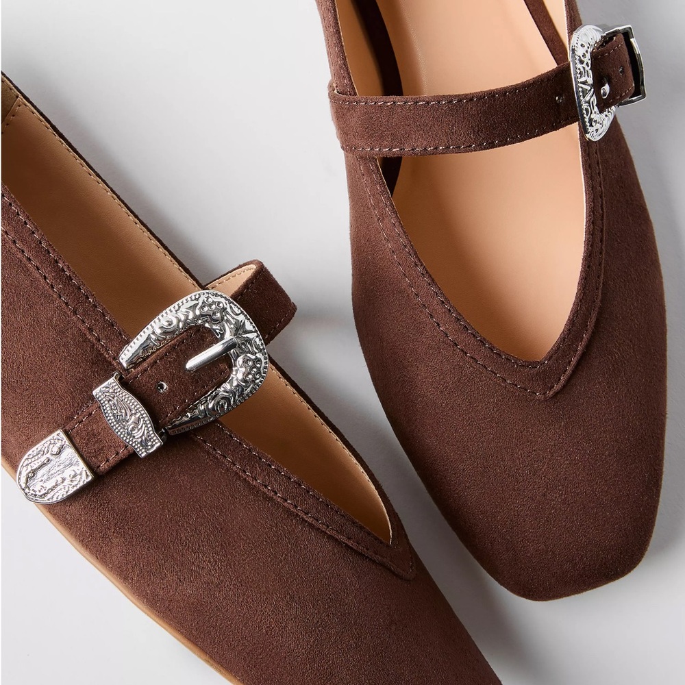 LOFT Brown Suede Mary Jane Flats with Silver Buckle - Picture 2 of 8